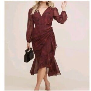 ASTR The Label M Ruffled Faux Wrap Maxi Dress Metallic Stripe Floral Lon…